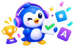 Penguin celebrating a successful vocabulary review